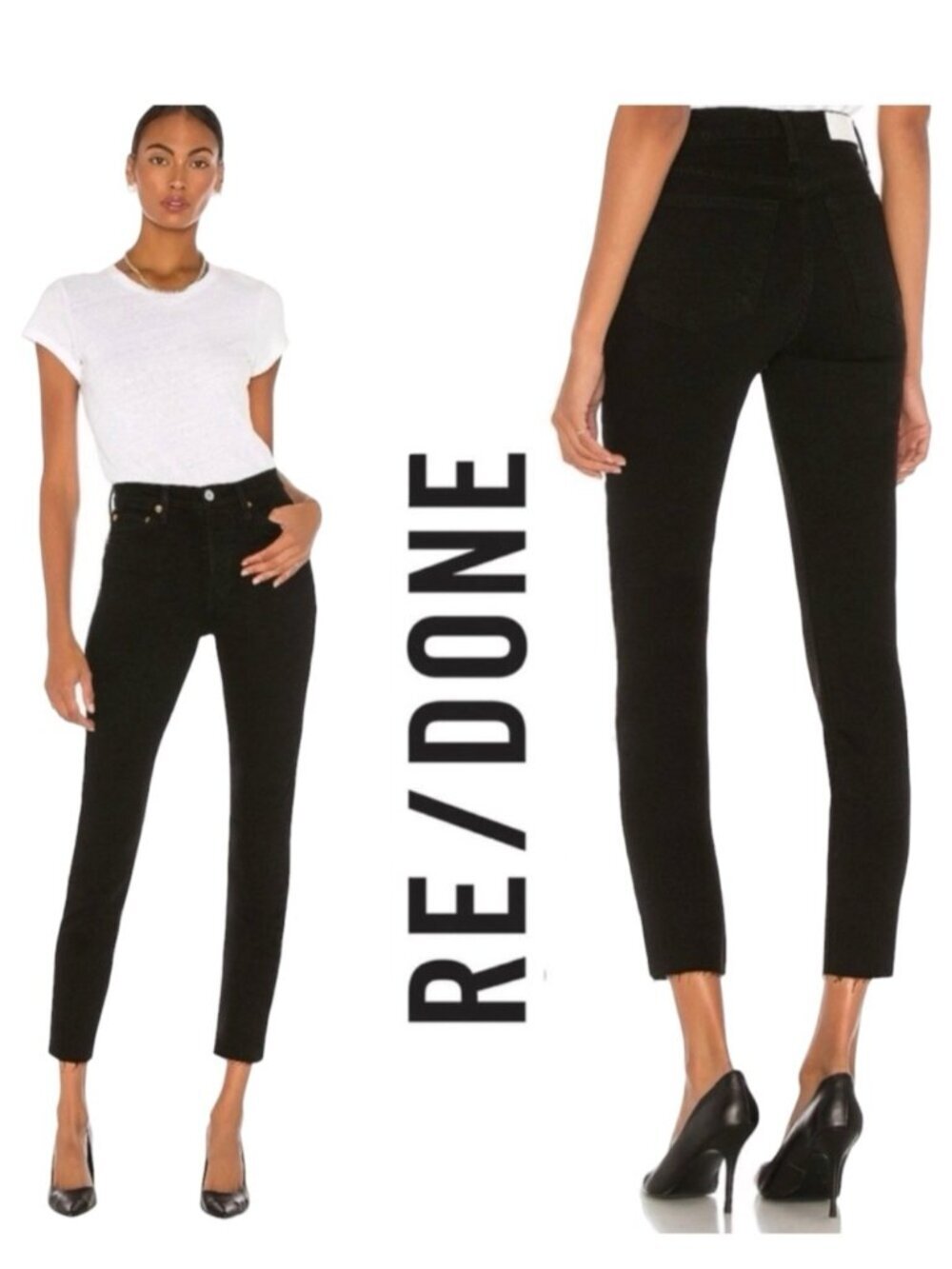 NEW Re/Done Originals High Rise Ankle Crop Jeans Black Raw Frayed Hem denim 24